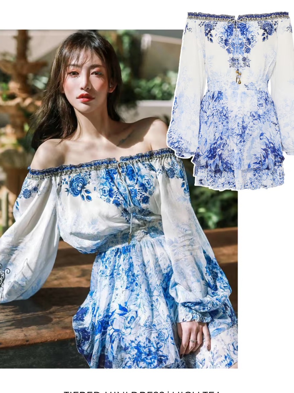 Camilla Off-Shoulder high tea Blue & White Floral Dress 100% silk NWT